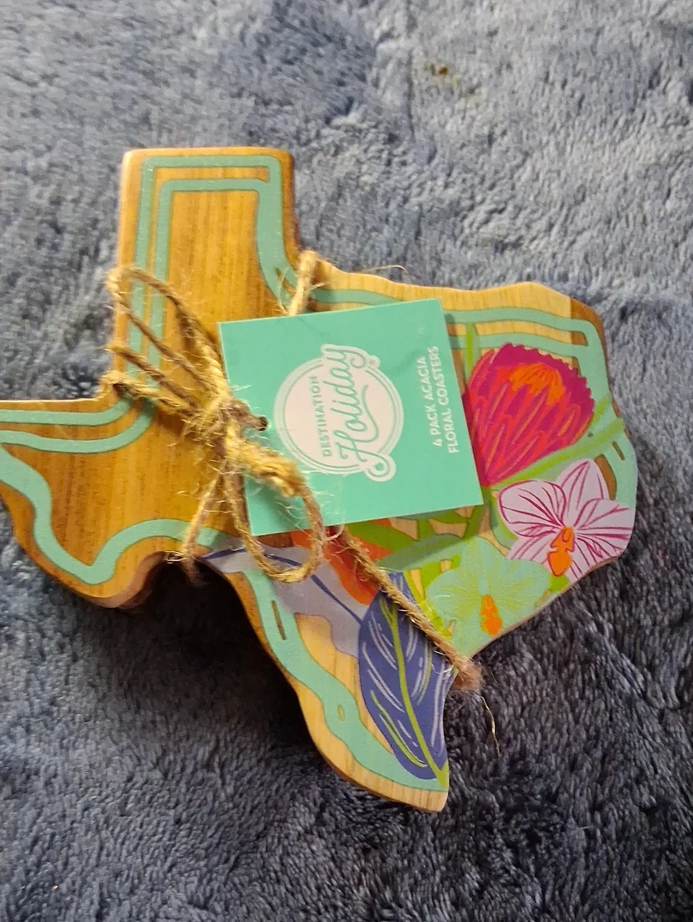 Floral Texas-Shaped Coaster Set - Turquoise & Multicolor